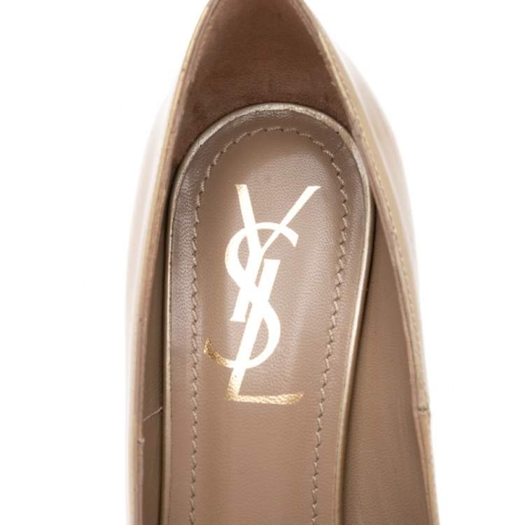 Pre Owned Saint Laurent Gold Patent Leather Tribtoo Pumps Size 36