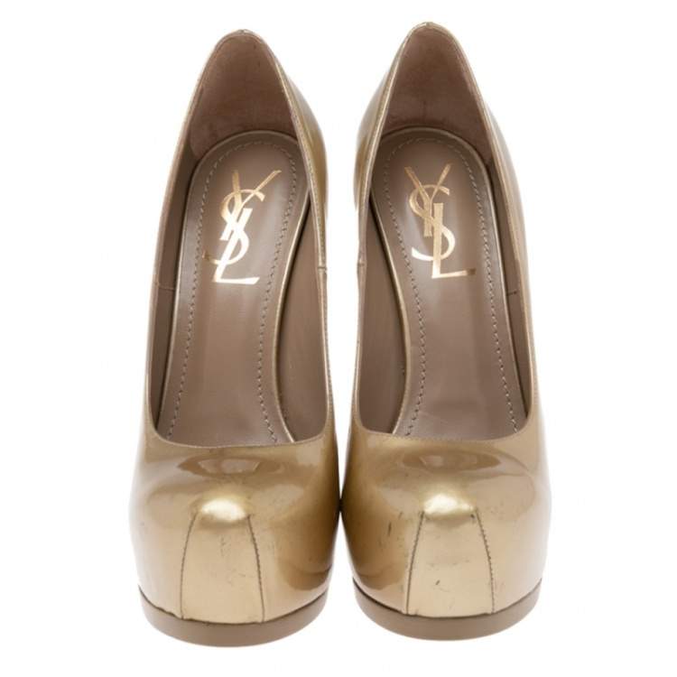 Pre Owned Saint Laurent Gold Patent Leather Tribtoo Pumps Size 36