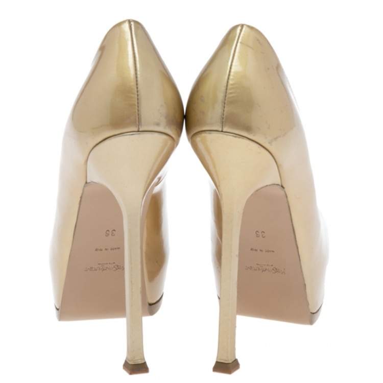 Pre Owned Saint Laurent Gold Patent Leather Tribtoo Pumps Size 36