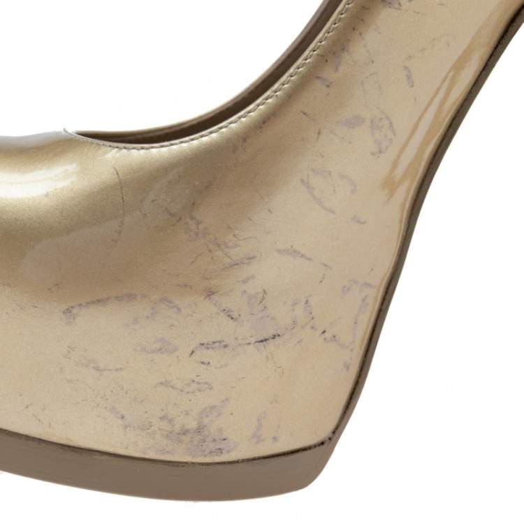 Pre Owned Saint Laurent Gold Patent Leather Tribtoo Pumps Size 36