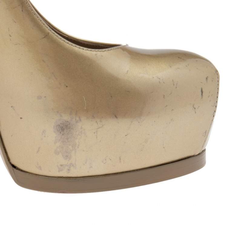 Pre Owned Saint Laurent Gold Patent Leather Tribtoo Pumps Size 36