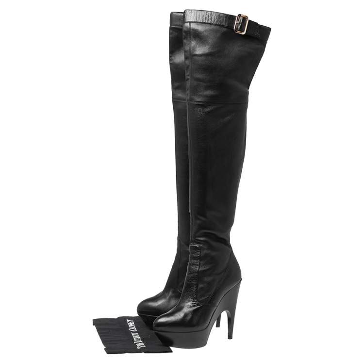 Pre Owned Saint Laurent Black Leather Buckle Detail Over The Knee Boots Size 37