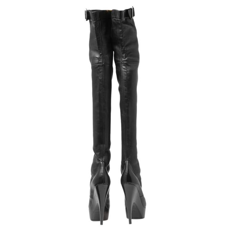 Pre Owned Saint Laurent Black Leather Buckle Detail Over The Knee Boots Size 37