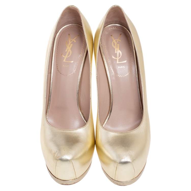 Pre Owned Saint Laurent Metallic Gold  Leather Tribtoo Platform Pumps Size 38.5