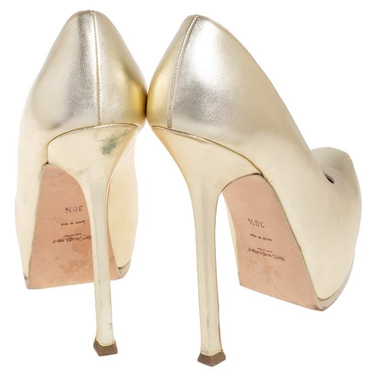 Pre Owned Saint Laurent Metallic Gold  Leather Tribtoo Platform Pumps Size 38.5