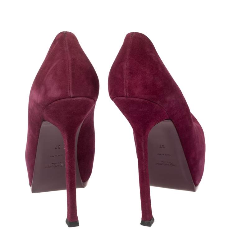 Pre Owned Saint Laurent  Red Suede Tribtoo Platform Pumps Size 37