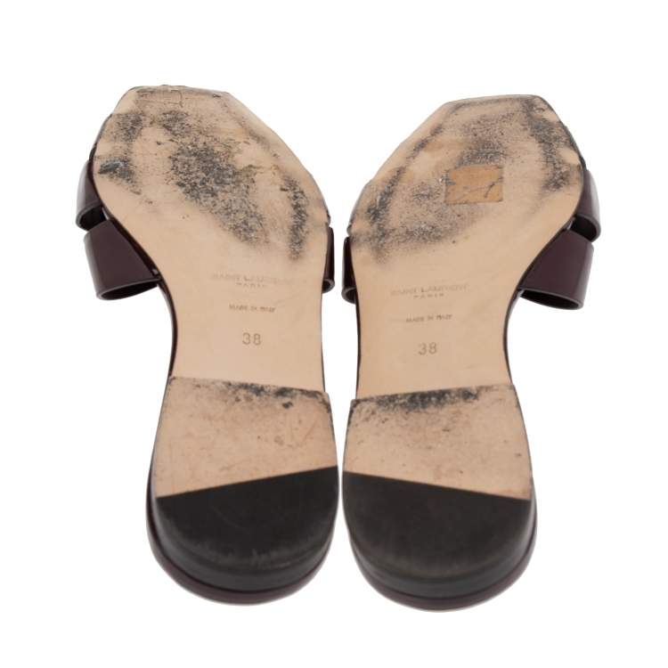 Pre Owned Saint Laurent Burgundy Patent Leather Tribute Flat Slides Size 38