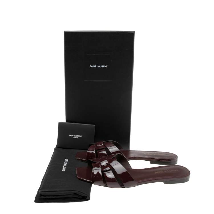 Pre Owned Saint Laurent Burgundy Patent Leather Tribute Flat Slides Size 38