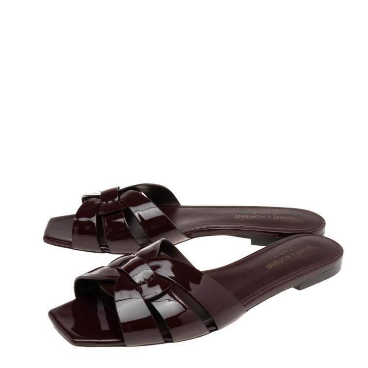 Pre Owned Saint Laurent Burgundy Patent Leather Tribute Flat Slides Size 38