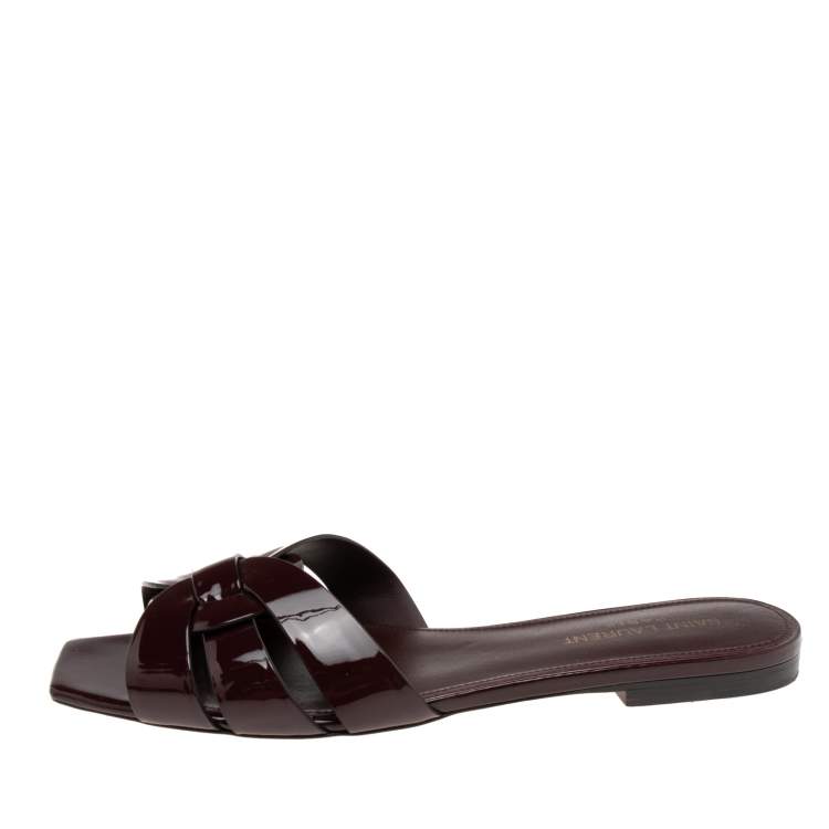 Pre Owned Saint Laurent Burgundy Patent Leather Tribute Flat Slides Size 38