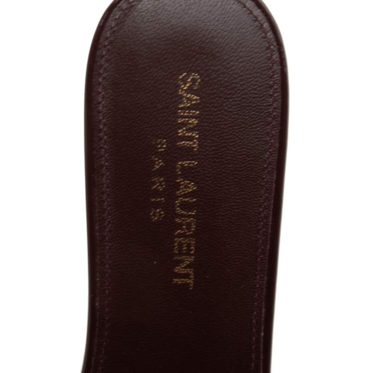 Pre Owned Saint Laurent Burgundy Patent Leather Tribute Flat Slides Size 38