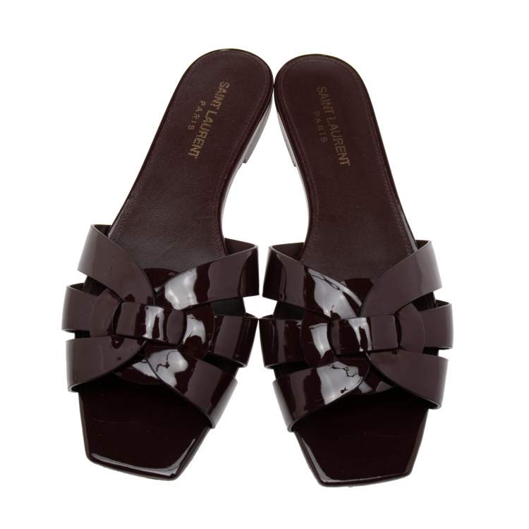 Pre Owned Saint Laurent Burgundy Patent Leather Tribute Flat Slides Size 38