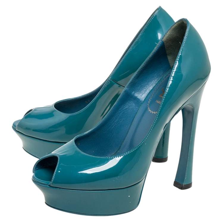 Pre Owned Saint Laurent Blue Patent Leather Palais Platform Peep Toe Pumps Size 38