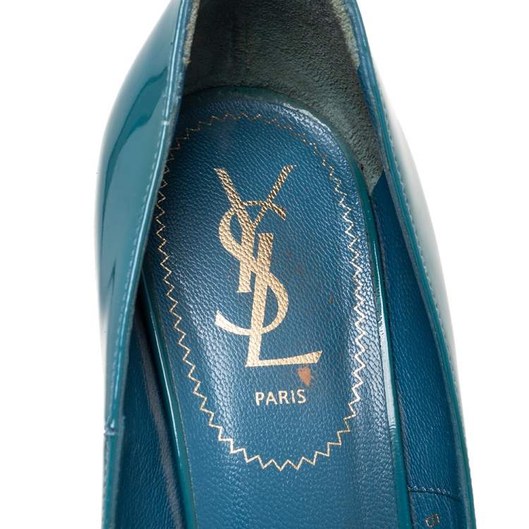 Pre Owned Saint Laurent Blue Patent Leather Palais Platform Peep Toe Pumps Size 38