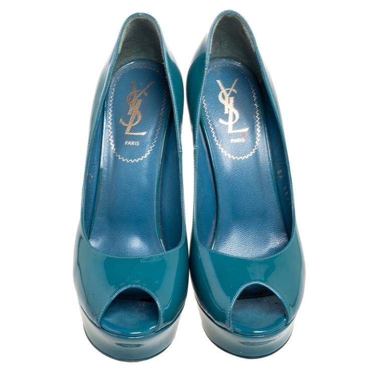 Pre Owned Saint Laurent Blue Patent Leather Palais Platform Peep Toe Pumps Size 38