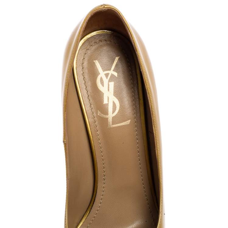 Pre Owned Saint Laurent Gold Patent Leather Tribtoo Platform Pumps Size 37.5