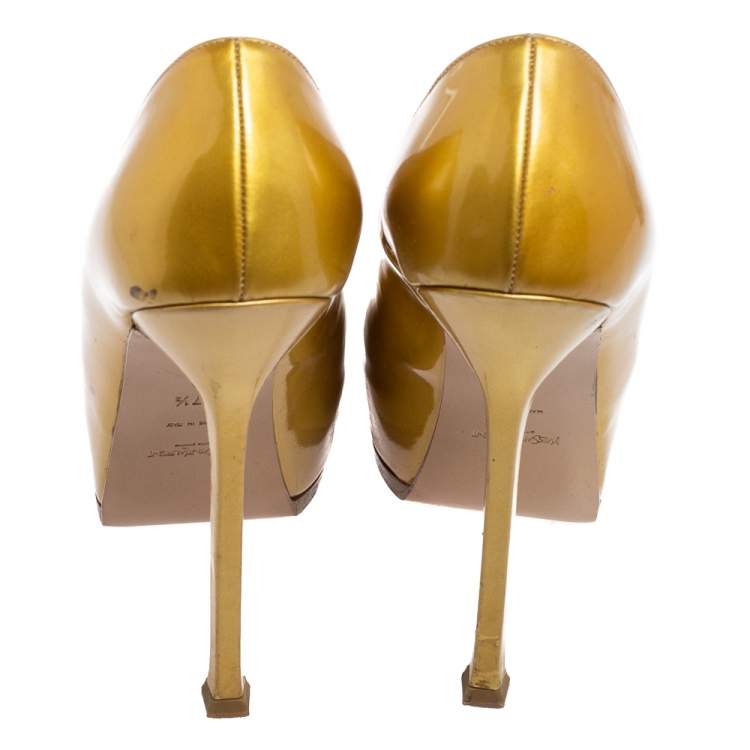 Pre Owned Saint Laurent Gold Patent Leather Tribtoo Platform Pumps Size 37.5