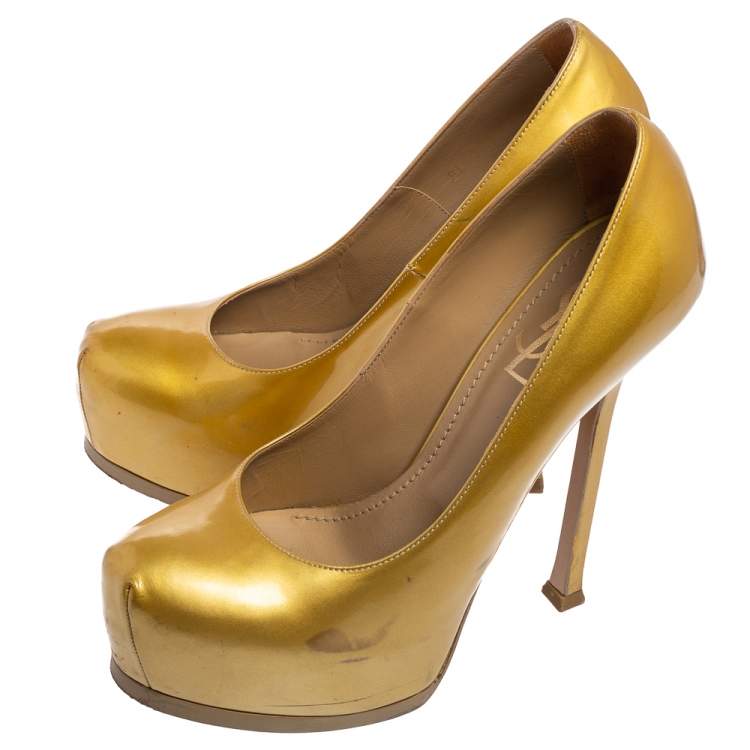 Pre Owned Saint Laurent Gold Patent Leather Tribtoo Platform Pumps Size 37.5