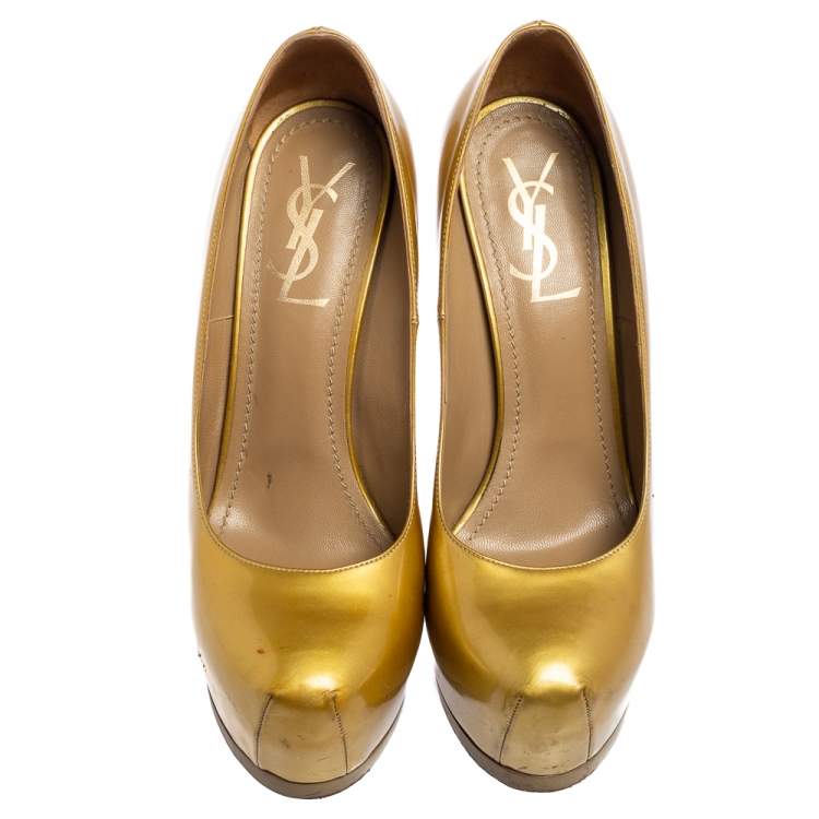 Pre Owned Saint Laurent Gold Patent Leather Tribtoo Platform Pumps Size 37.5