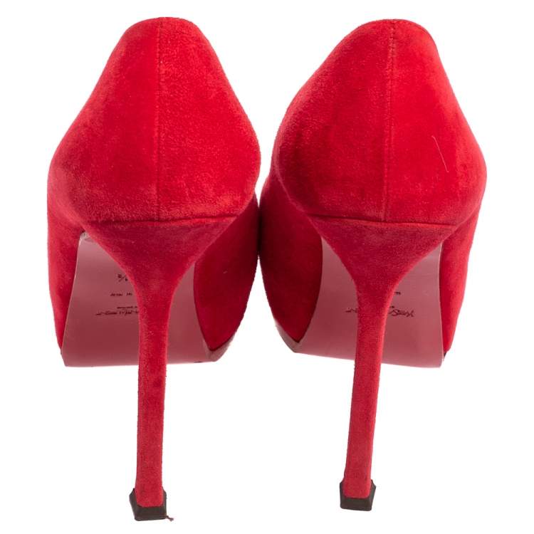 Pre Owned Saint Laurent Red Suede Tribtoo Platform Pumps Size 37.5