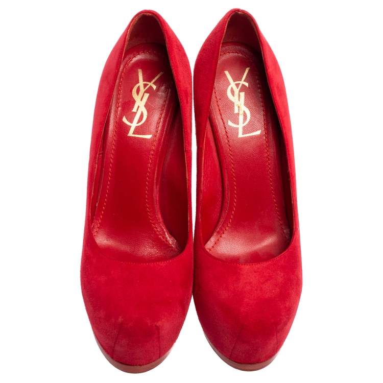Pre Owned Saint Laurent Red Suede Tribtoo Platform Pumps Size 37.5