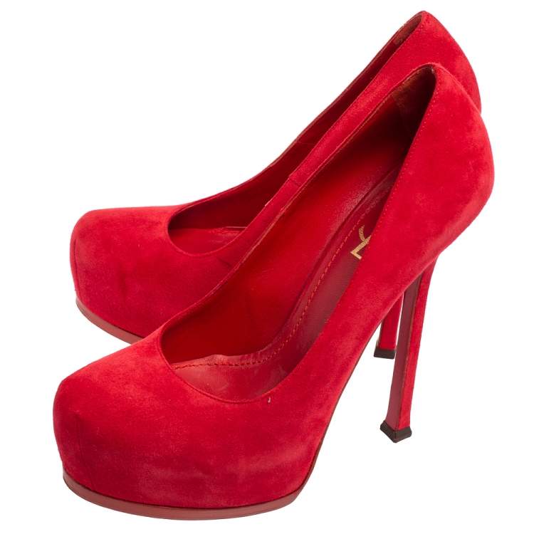 Pre Owned Saint Laurent Red Suede Tribtoo Platform Pumps Size 37.5