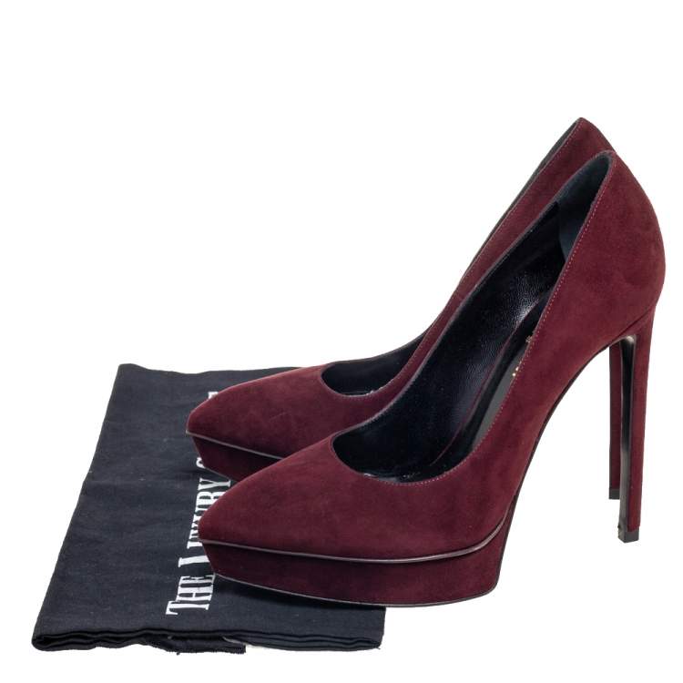 Pre Owned Saint Laurent Burgundy Suede Janis Pointed-Toe Platform Pumps Size 37