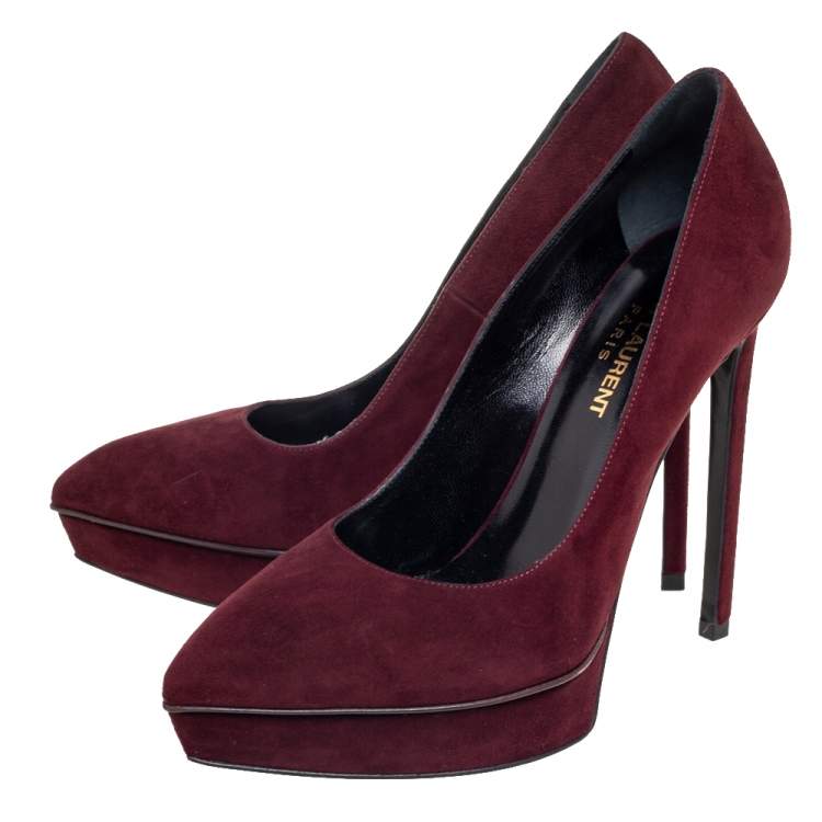 Pre Owned Saint Laurent Burgundy Suede Janis Pointed-Toe Platform Pumps Size 37
