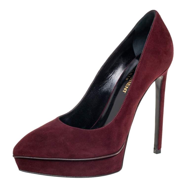 Pre Owned Saint Laurent Burgundy Suede Janis Pointed-Toe Platform Pumps Size 37