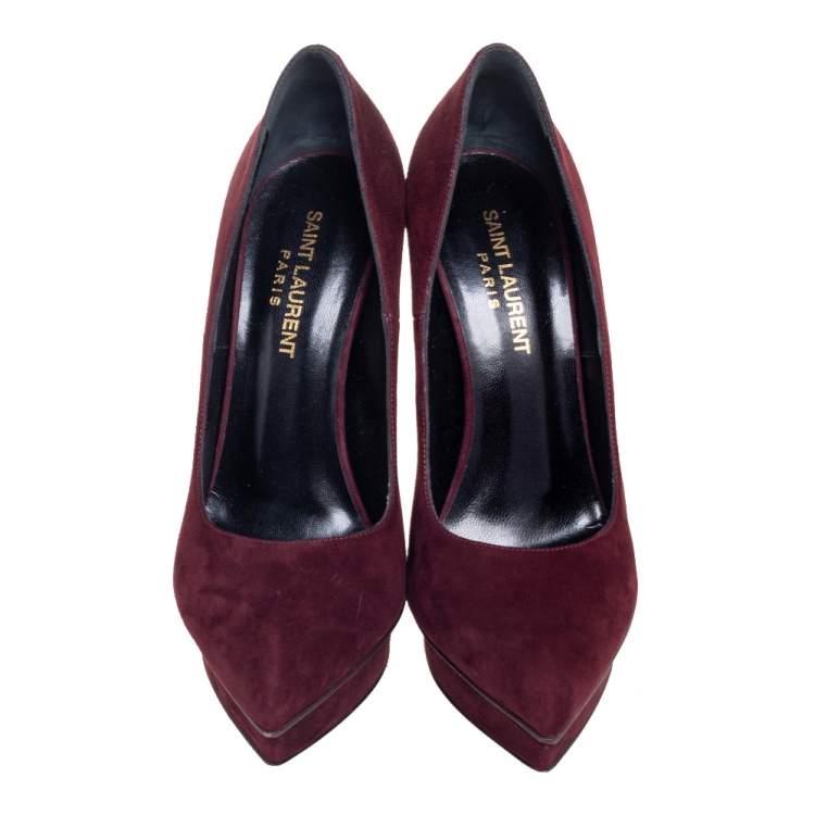 Pre Owned Saint Laurent Burgundy Suede Janis Pointed-Toe Platform Pumps Size 37