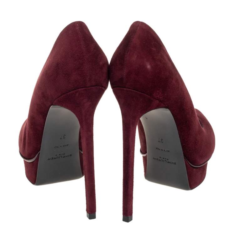 Pre Owned Saint Laurent Burgundy Suede Janis Pointed-Toe Platform Pumps Size 37