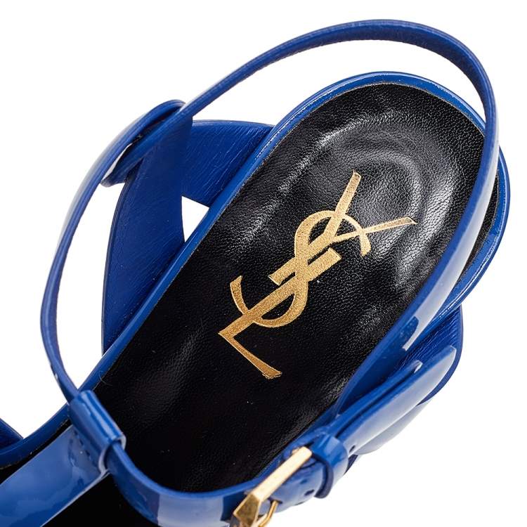 Pre Owned Saint Laurent Blue Patent Leather Tribute Platform Ankle Strap Sandals Size 38