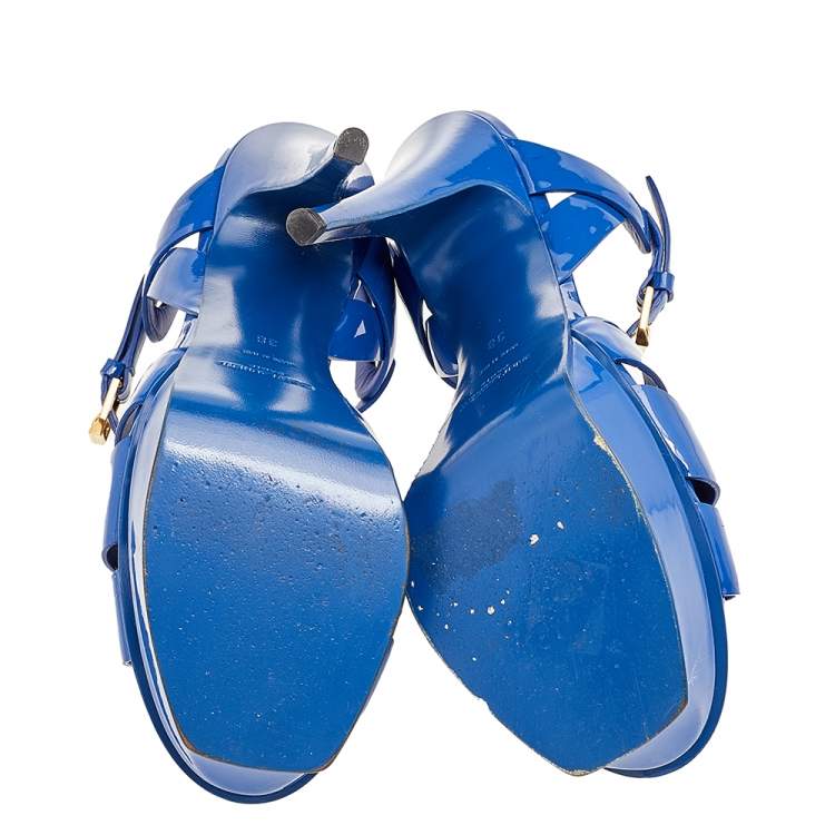 Pre Owned Saint Laurent Blue Patent Leather Tribute Platform Ankle Strap Sandals Size 38