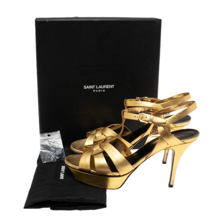 Pre Owned Saint Laurent Gold  Leather Tribute Sandals Size 39.5