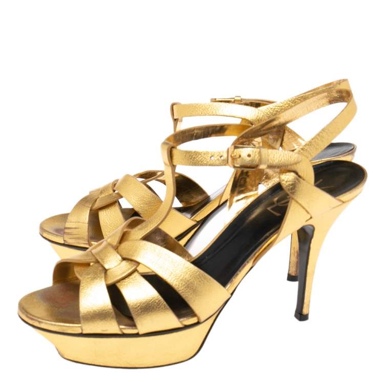 Pre Owned Saint Laurent Gold  Leather Tribute Sandals Size 39.5