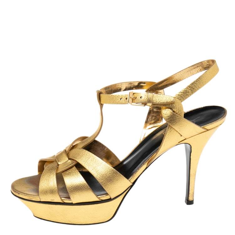 Pre Owned Saint Laurent Gold  Leather Tribute Sandals Size 39.5