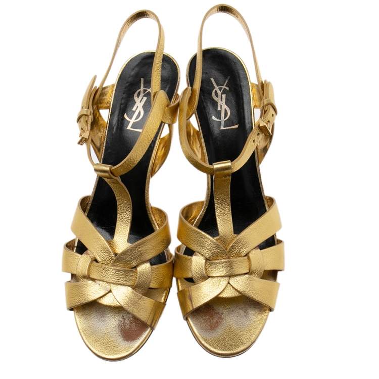 Pre Owned Saint Laurent Gold  Leather Tribute Sandals Size 39.5