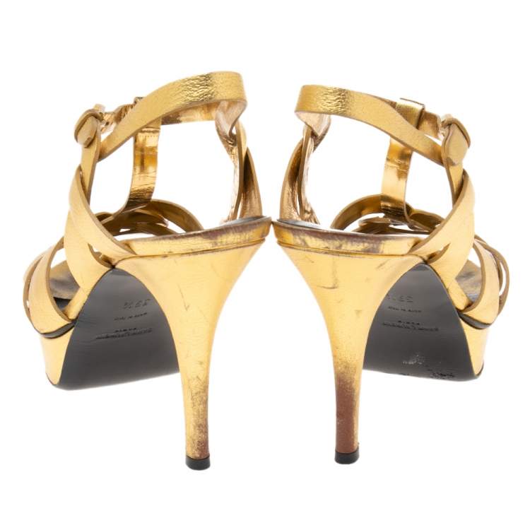 Pre Owned Saint Laurent Gold  Leather Tribute Sandals Size 39.5