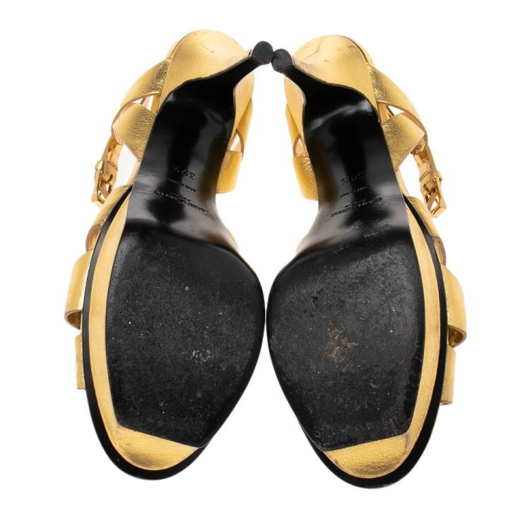 Pre Owned Saint Laurent Gold  Leather Tribute Sandals Size 39.5