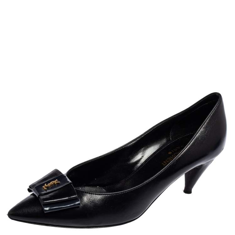Pre Owned Saint Laurent Black Leather Bow Pointed Toe Pumps Size 38