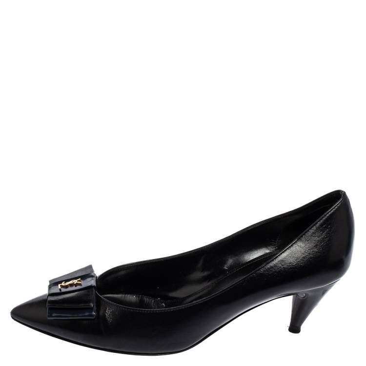 Pre Owned Saint Laurent Black Leather Bow Pointed Toe Pumps Size 38