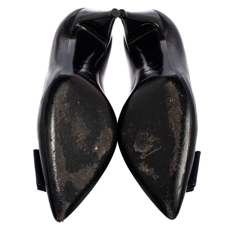 Pre Owned Saint Laurent Black Leather Bow Pointed Toe Pumps Size 38