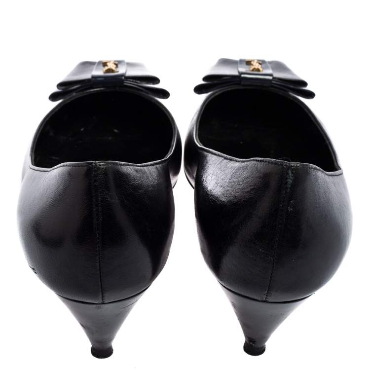Pre Owned Saint Laurent Black Leather Bow Pointed Toe Pumps Size 38