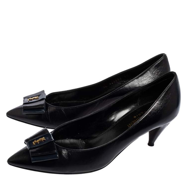 Pre Owned Saint Laurent Black Leather Bow Pointed Toe Pumps Size 38