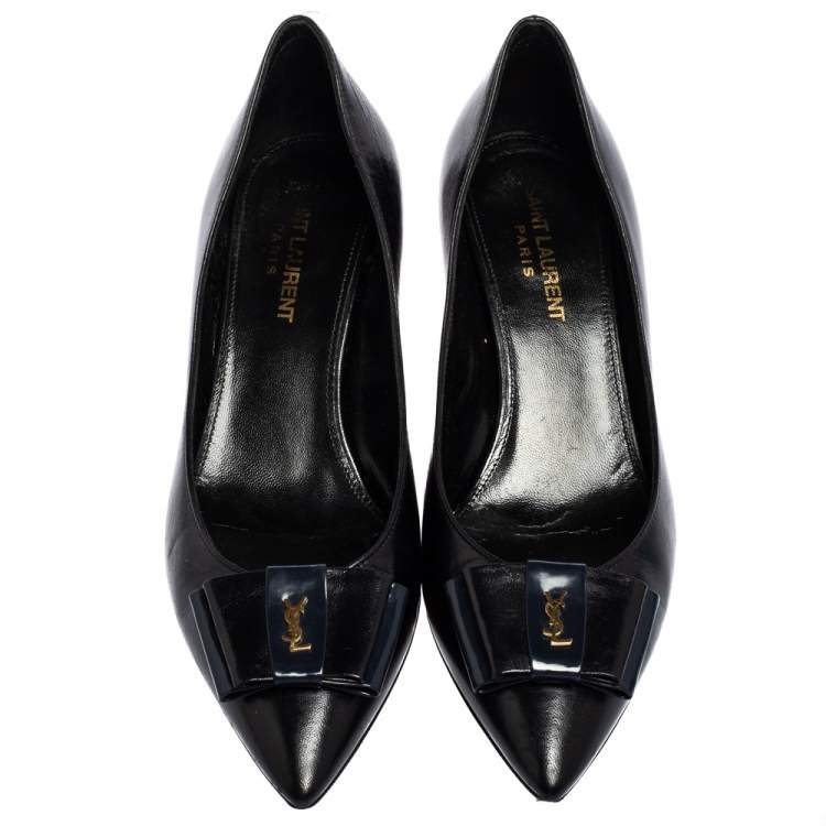 Pre Owned Saint Laurent Black Leather Bow Pointed Toe Pumps Size 38