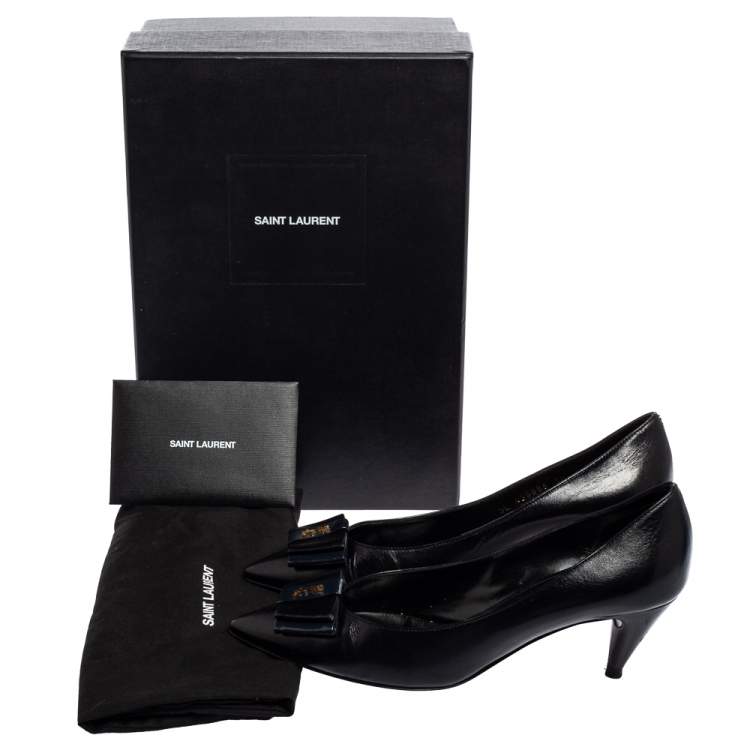 Pre Owned Saint Laurent Black Leather Bow Pointed Toe Pumps Size 38