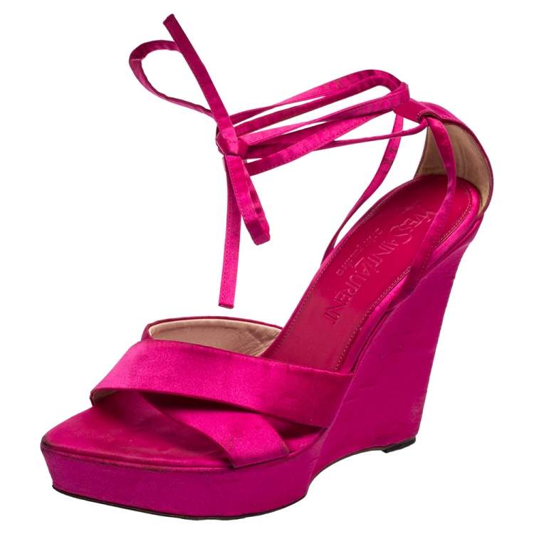 Saint Laurent Pink Satin Wedge Ankle Wrap Sandals Size 36 Saint Laurent  Paris