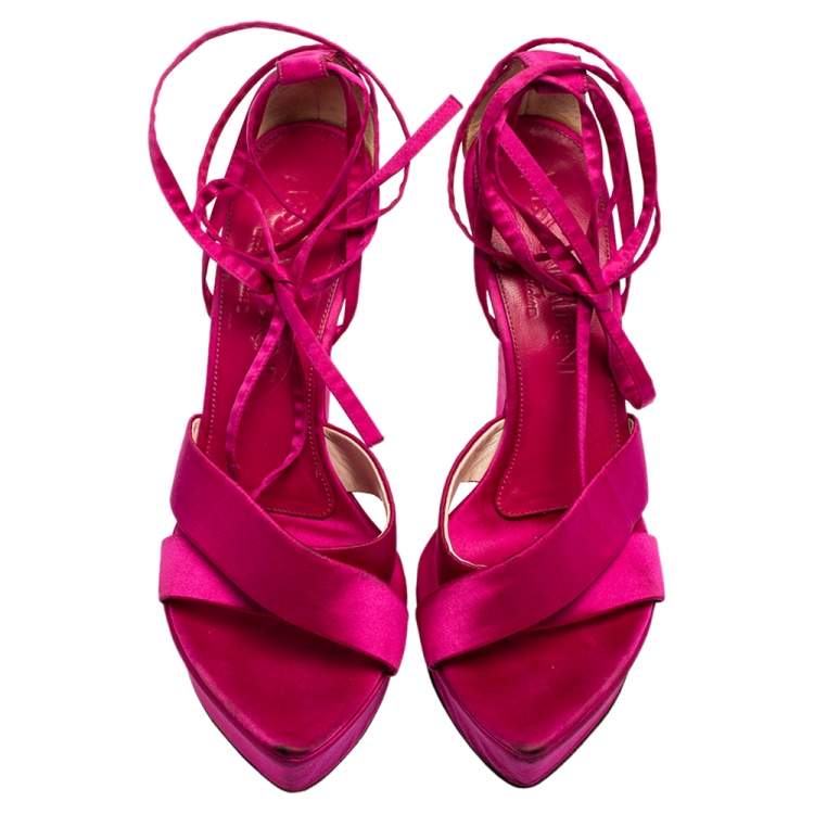 Pre Owned Saint Laurent Pink Satin Wedge Ankle Wrap Sandals Size 36