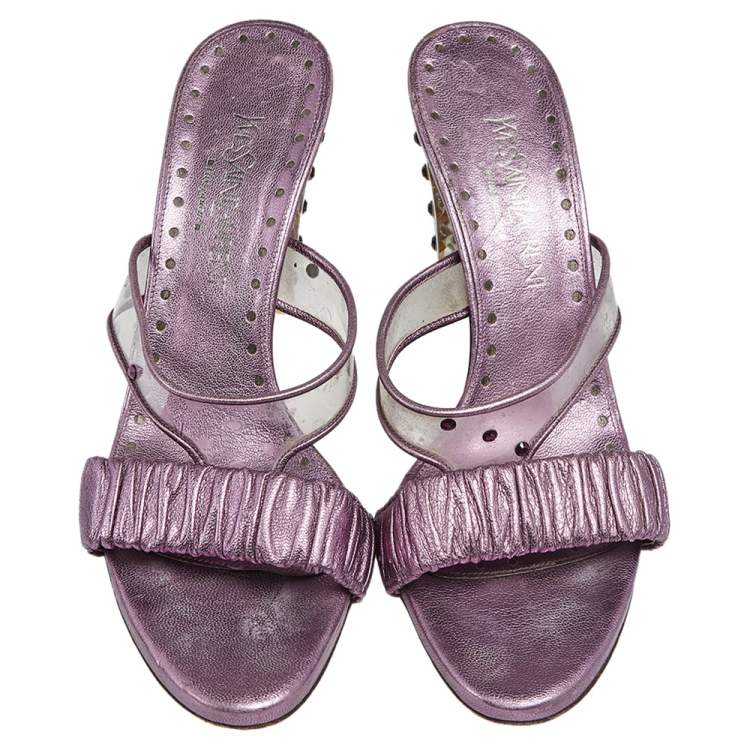 Pre Owned Saint Laurent Purple PVC And Leather Open Toe Slide Sandals Size 37.5