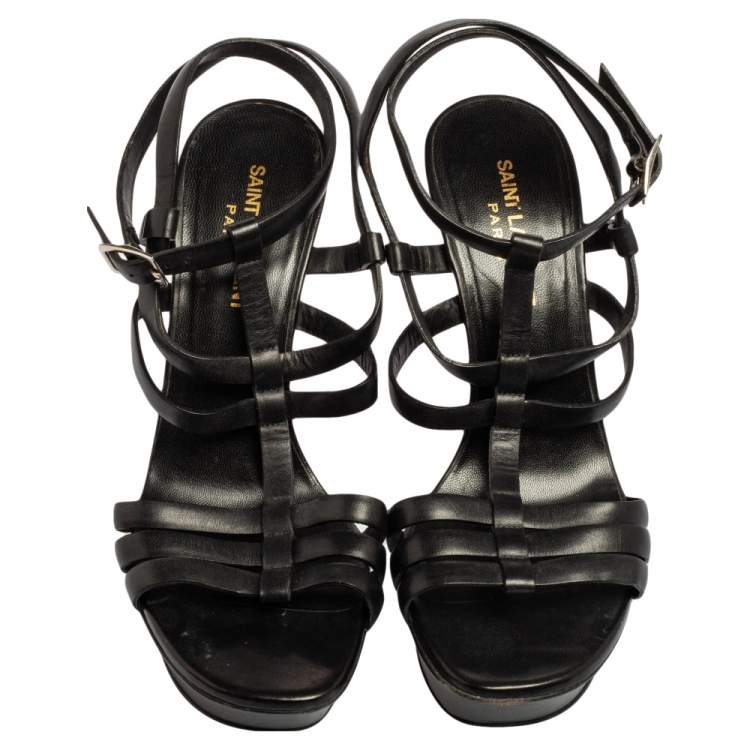 مملوكة مسبقًا Saint Laurent Black Leather Strappy Platform Sandals Size 38